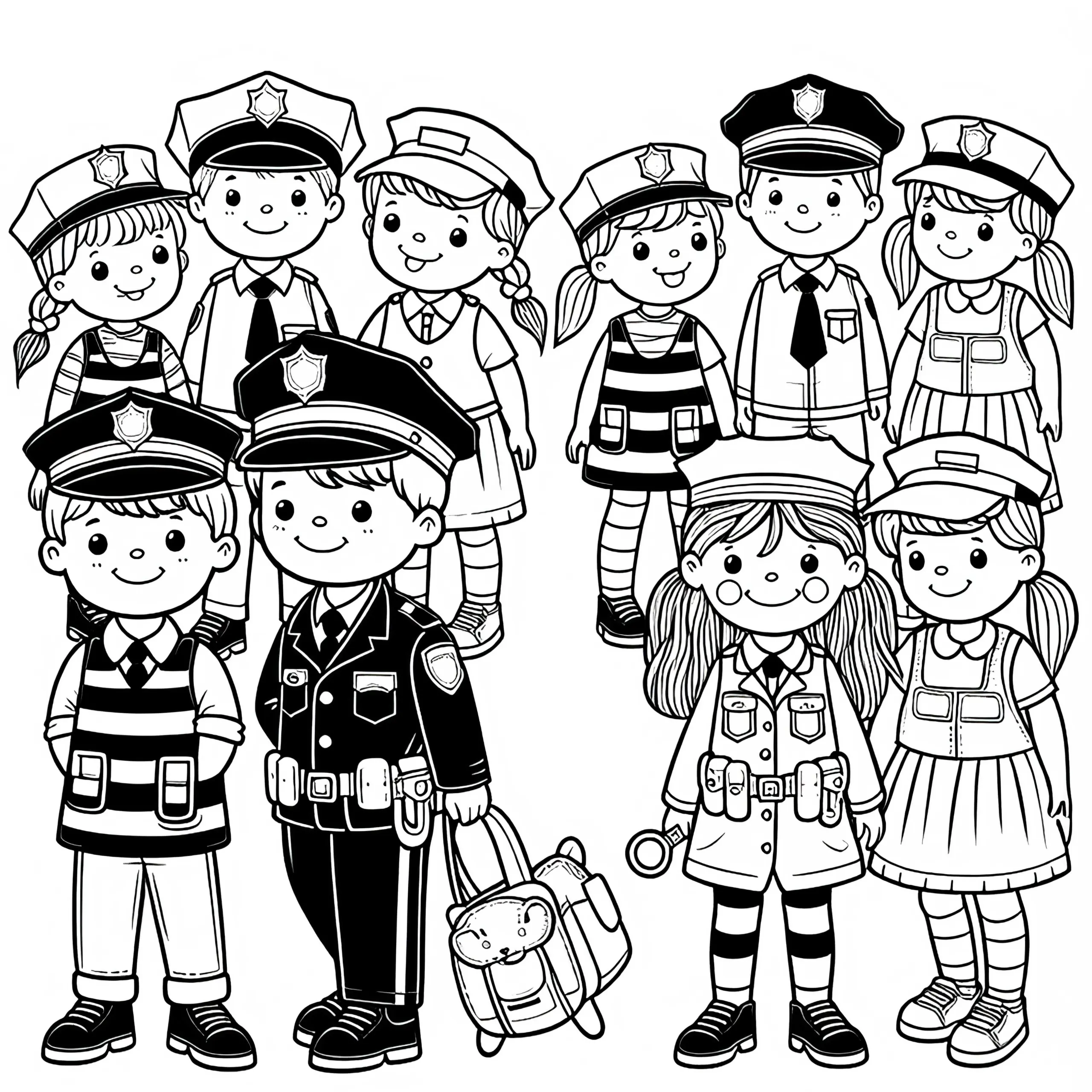 Kinder, die sich als Polizisten verkleiden – Malvorlage gratis (Ausmalbild)