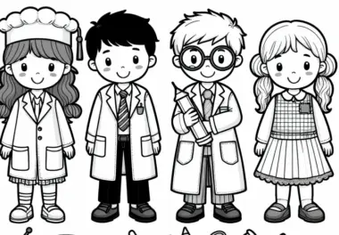 Kinder, die sich als Wissenschaftler verkleiden – Ausmalbild kostenlos