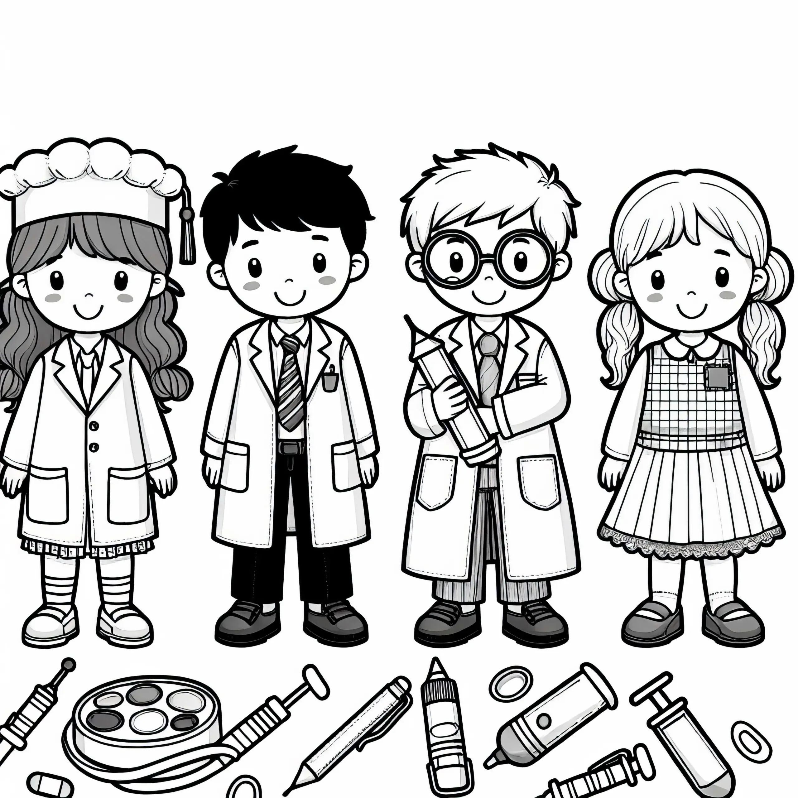 Kinder, die sich als Wissenschaftler verkleiden – Ausmalbild kostenlos