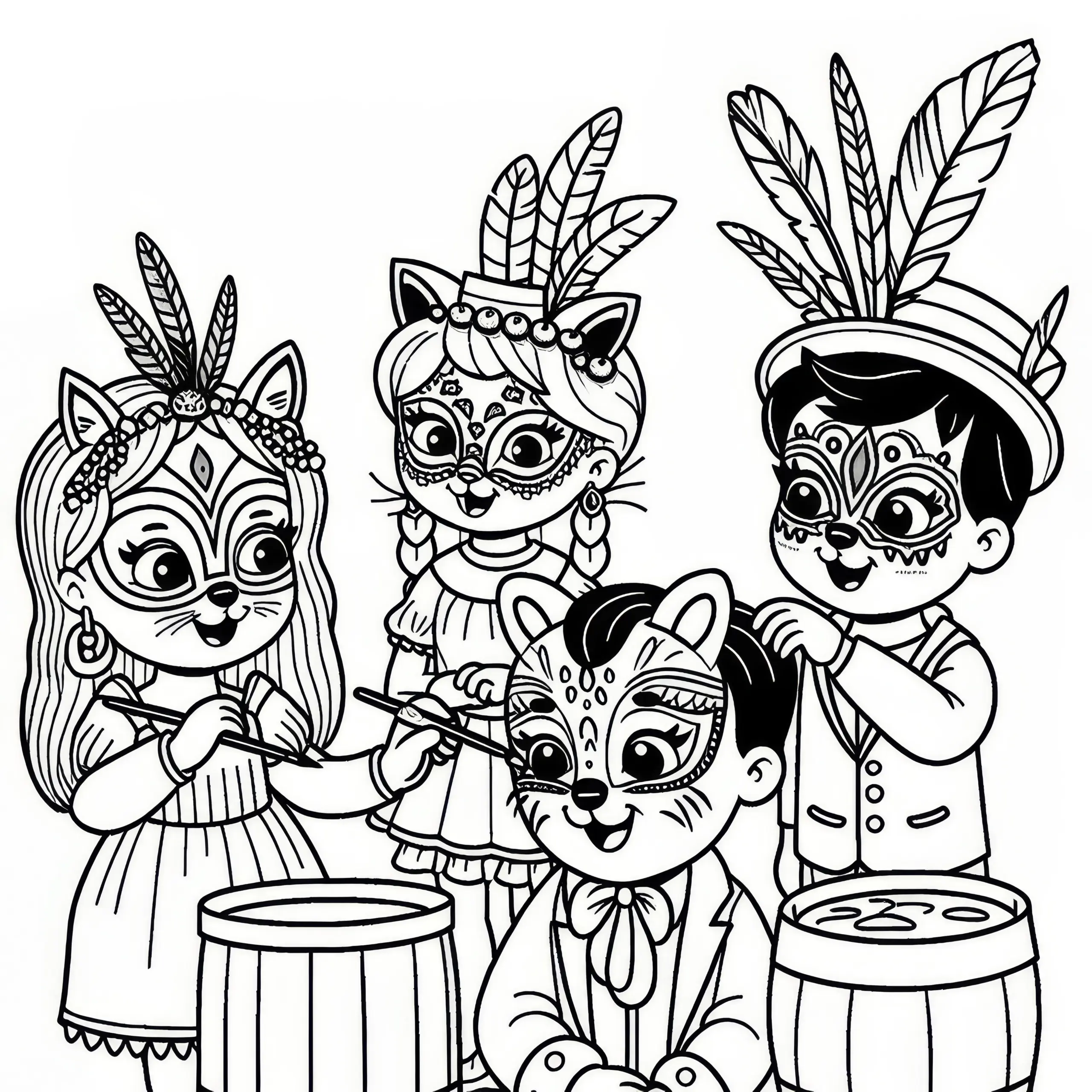 ## Kinder, die sich beim Karneval schminken lassen mit Tiergesichtern (Ausmalbild)