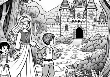 Kinder entdecken ein geheimnisvolles Märchenschloss im Wald – Malvorlage kostenlos