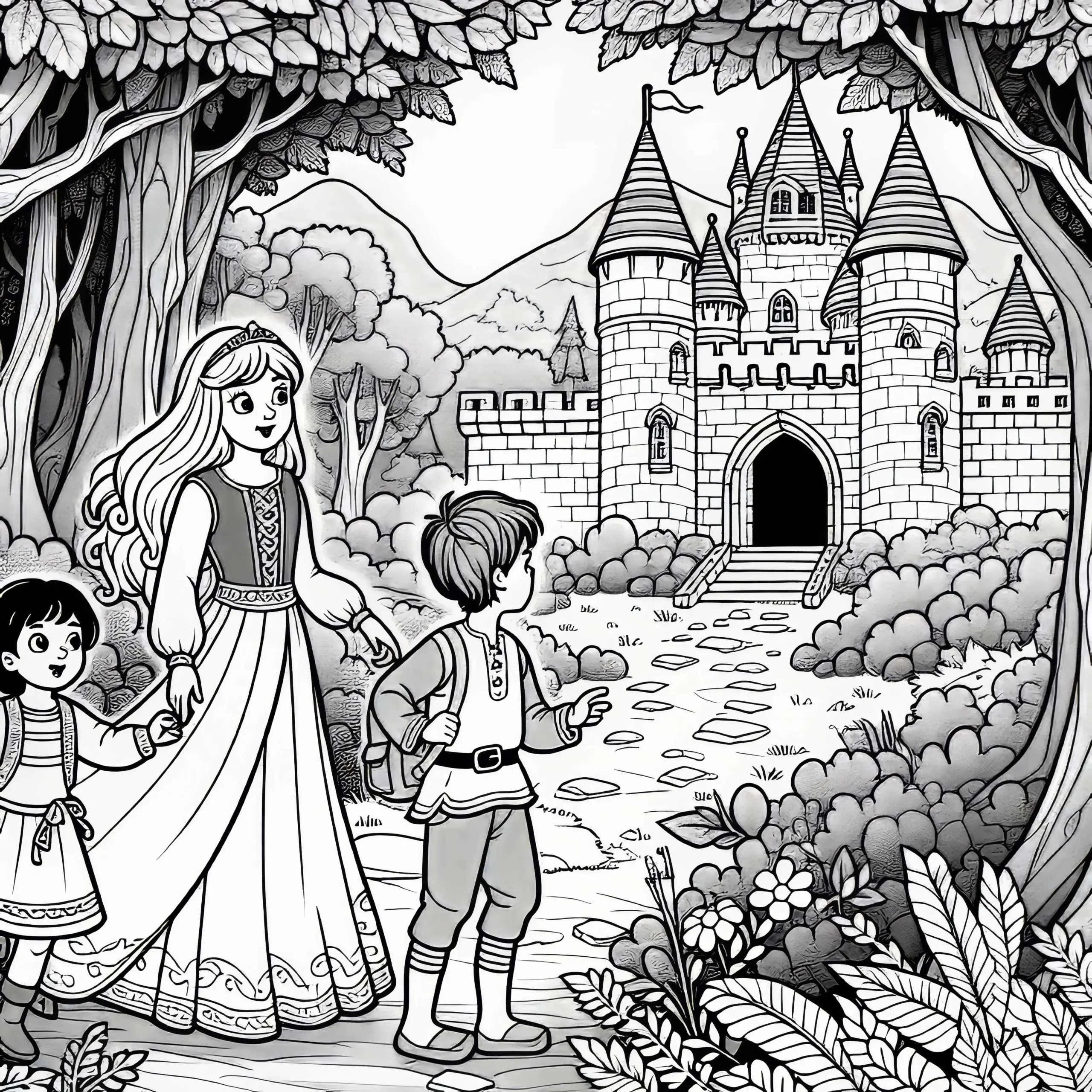 Kinder entdecken ein geheimnisvolles Märchenschloss im Wald – Malvorlage kostenlos (Ausmalbild)