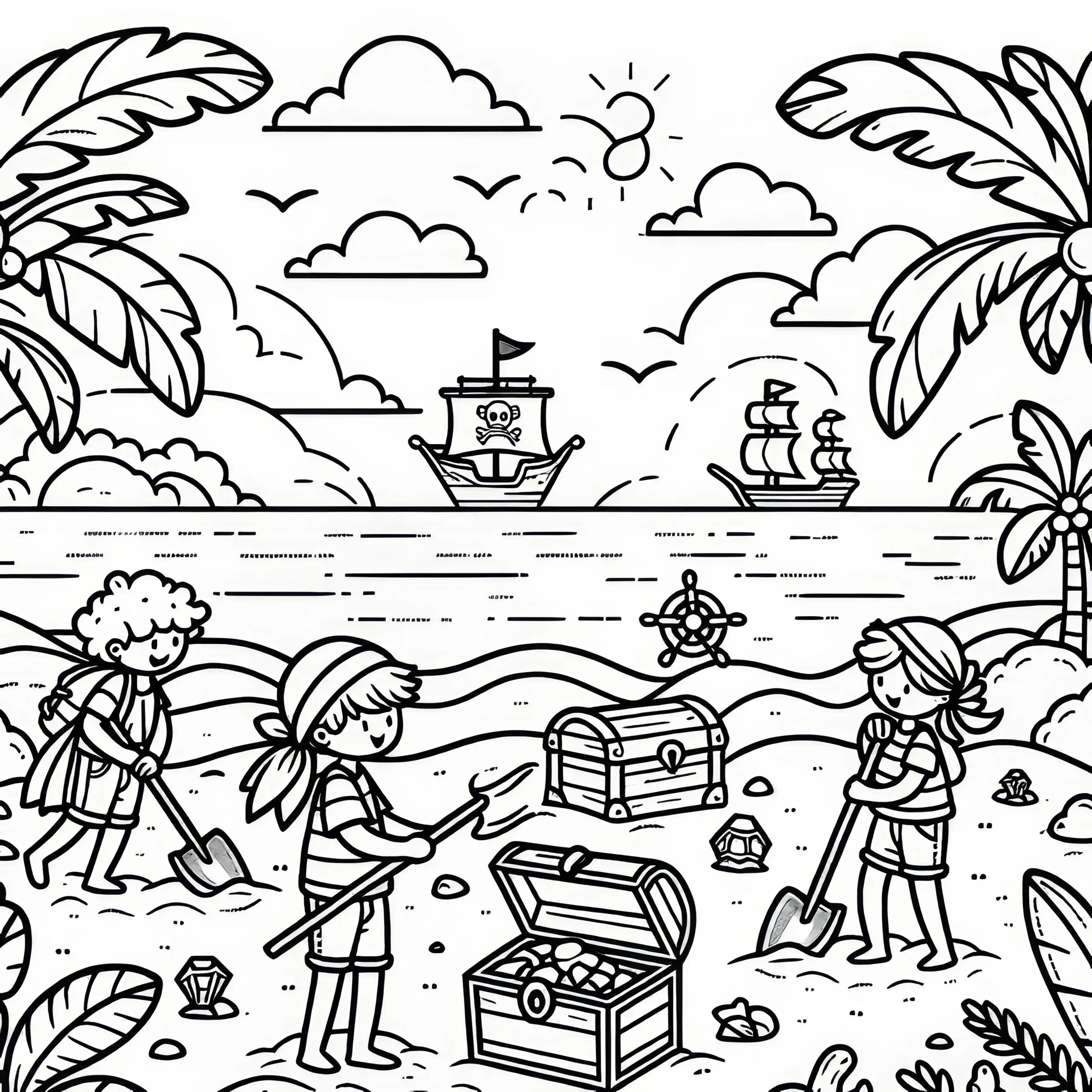 Kinder entdecken Piratenschatz am Strand: Ausmalbild (Gratis)