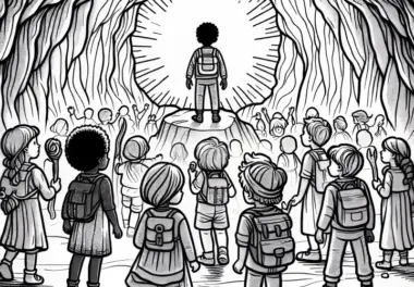 Kinder erforschen eine magische Höhle – Malvorlage gratis