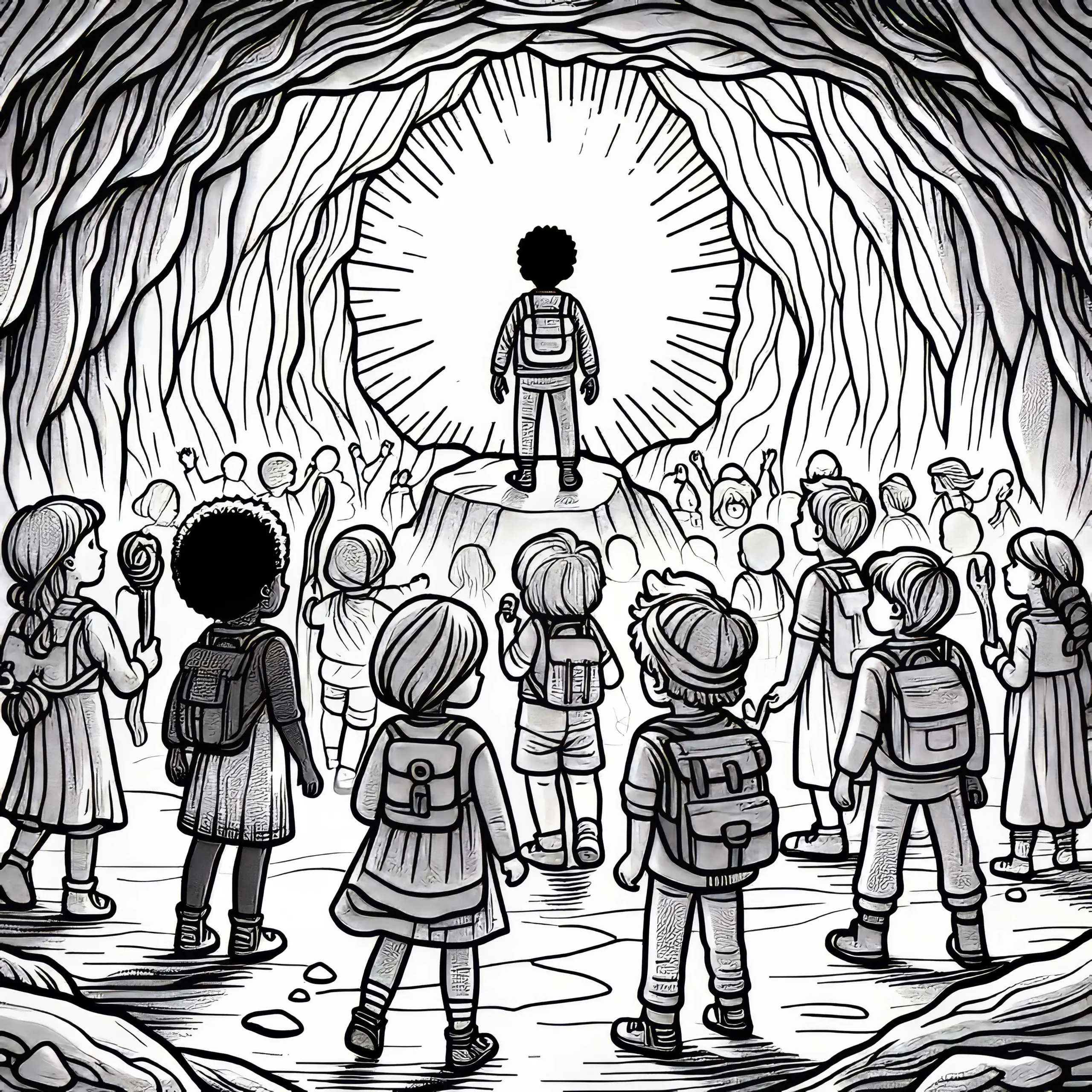 Kinder erforschen eine magische Höhle – Malvorlage gratis (Ausmalbild)
