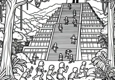 Kinder erklimmen große Stufenpyramide im Urwald – Malvorlage Maya kostenlos