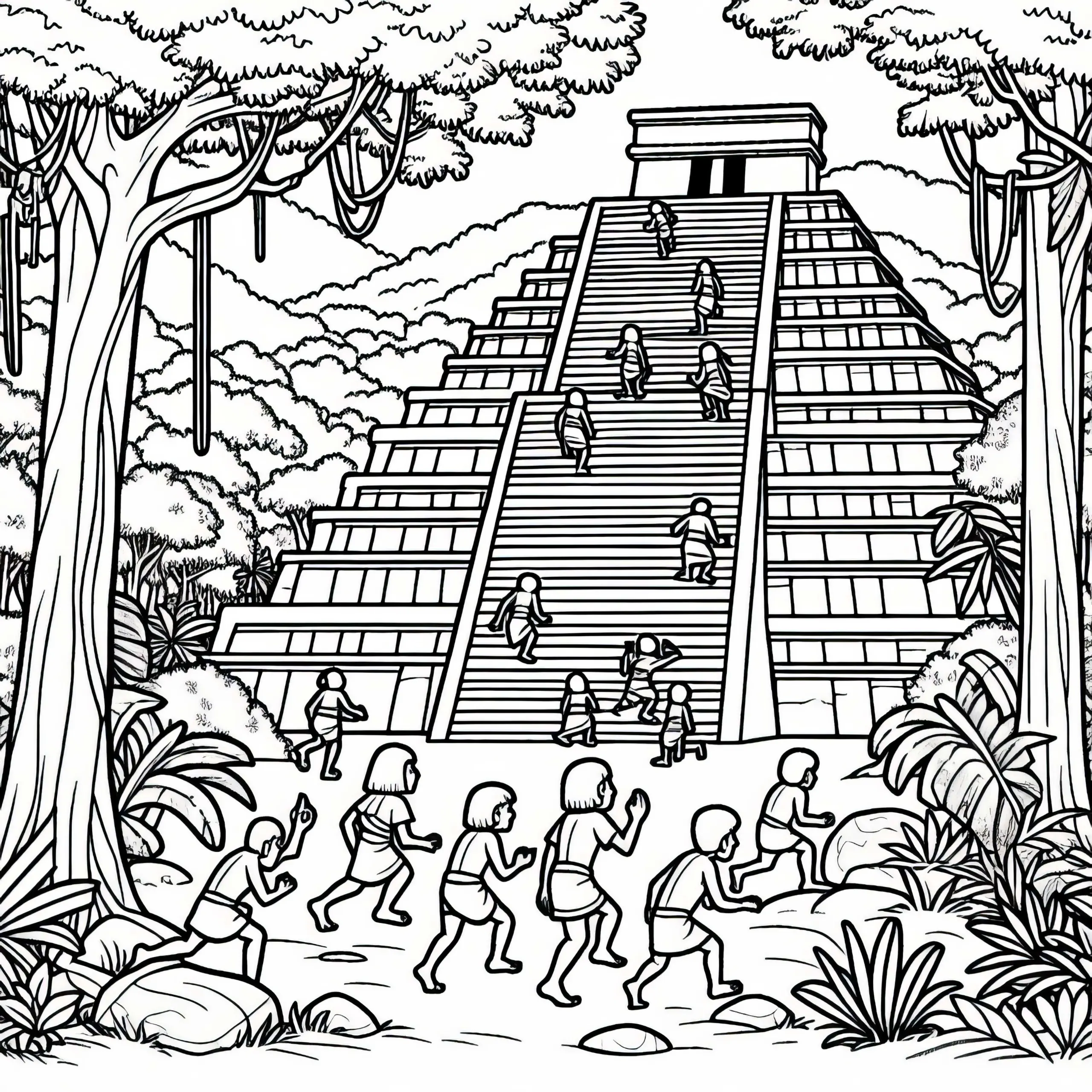 Kinder erklimmen große Stufenpyramide im Urwald – Malvorlage Maya kostenlos (Ausmalbild)