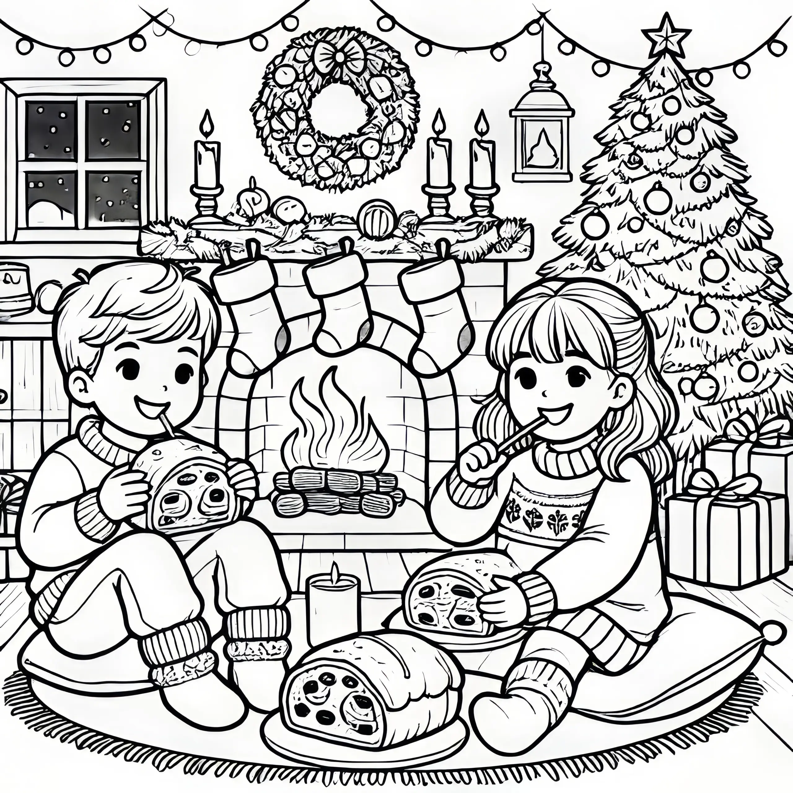 Kinder essen Weihnachtsstollen zur Adventszeit (Ausmalbild)