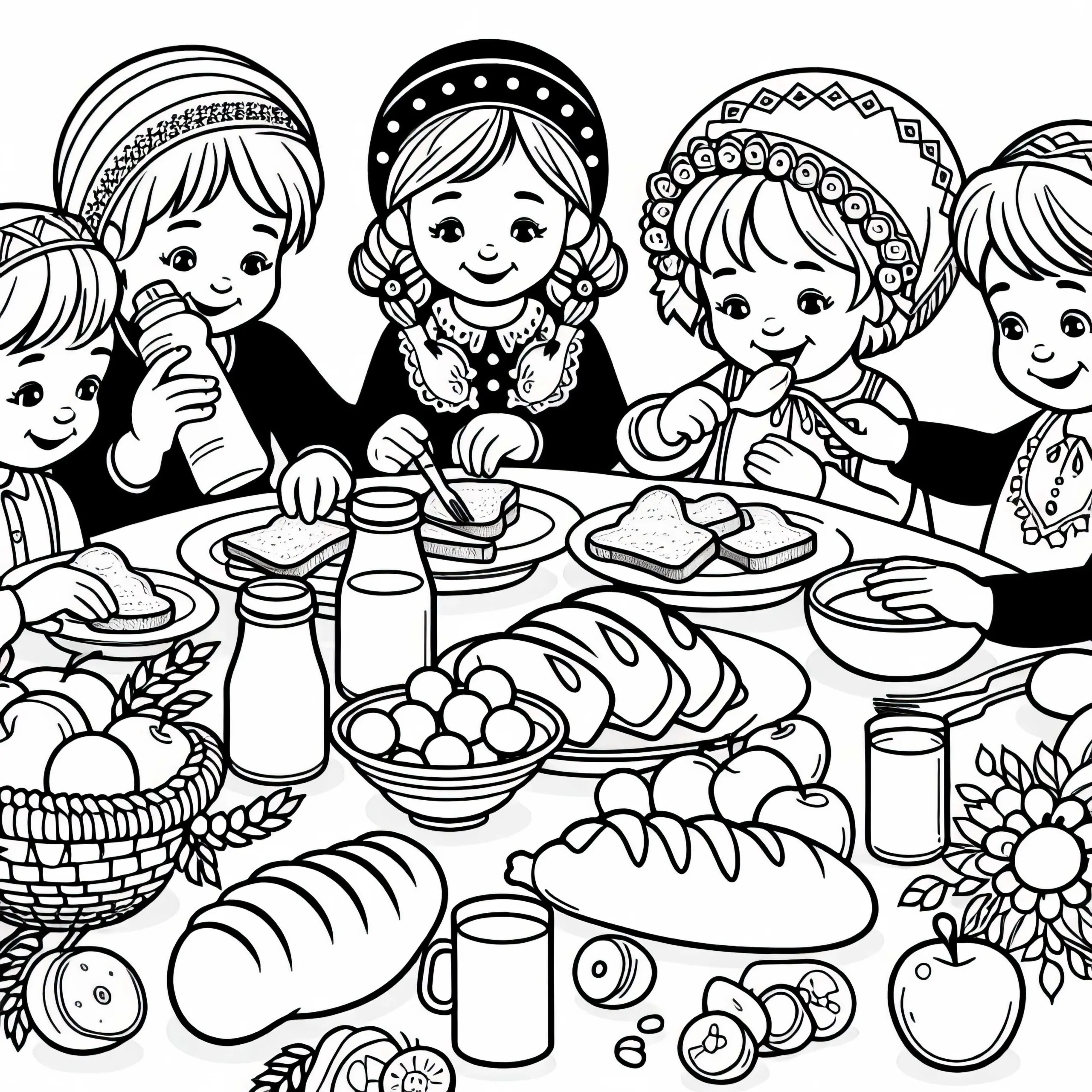 Kinder essen zusammen Frühstück mit Brot, Obst und Milch – Malvorlage gratis (Ausmalbild)