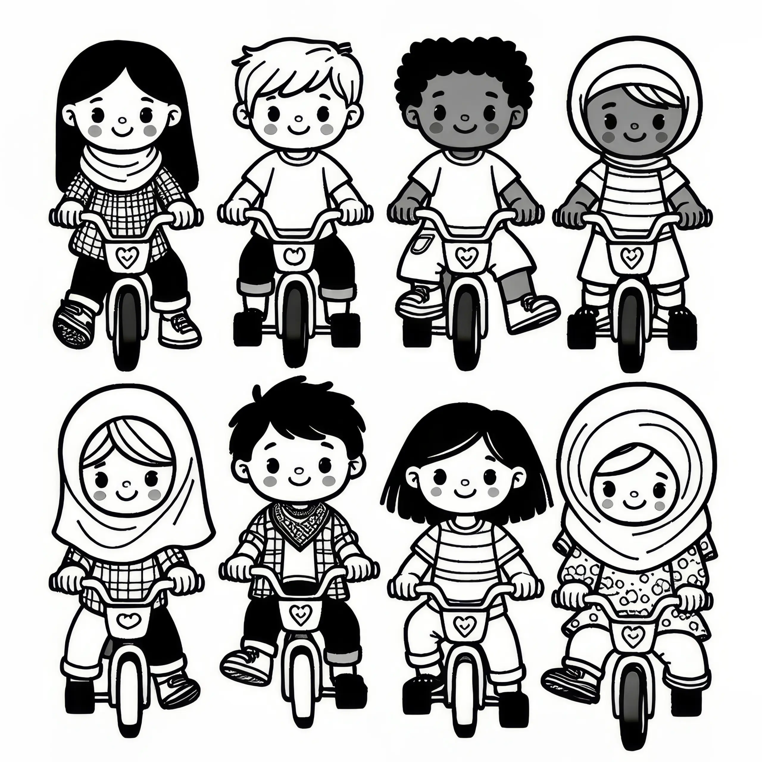 Kinder fahren mit kleinen Fahrrädern am Kindertag: Einfache Malvorlage (Gratis) (Ausmalbild)