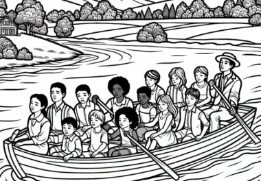 Kinder fahren mit Boot über Fluss – Malvorlage kostenlos