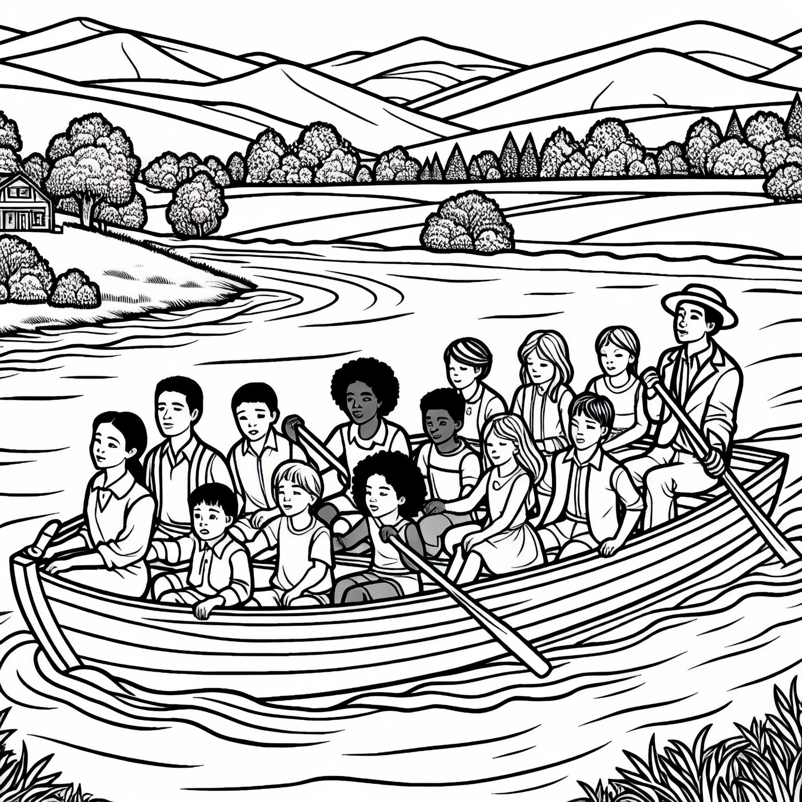 Kinder fahren mit Boot über Fluss – Malvorlage kostenlos (Ausmalbild)