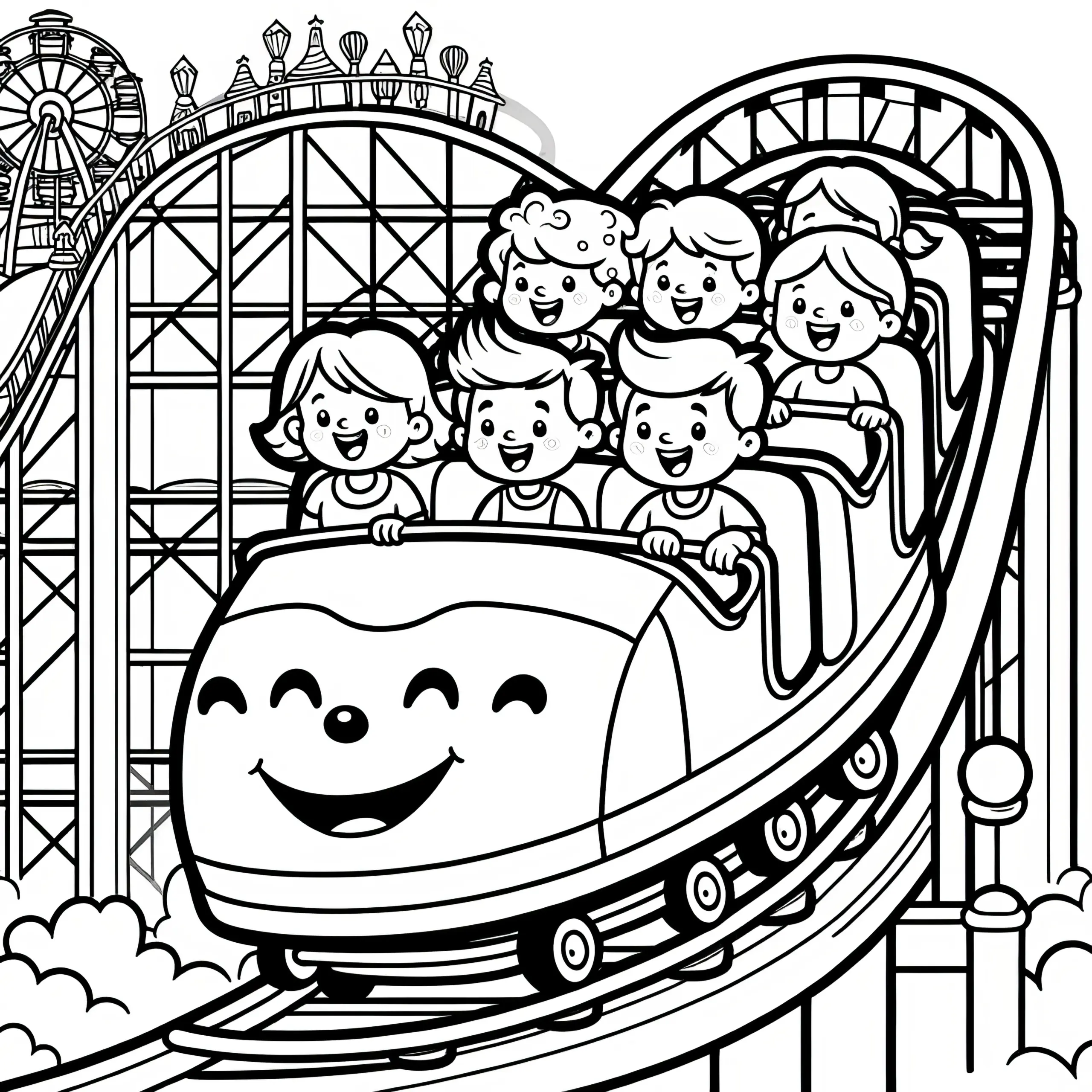 Kinder fahren mit Freude Achterbahn: Malvorlage kostenlos (Ausmalbild)