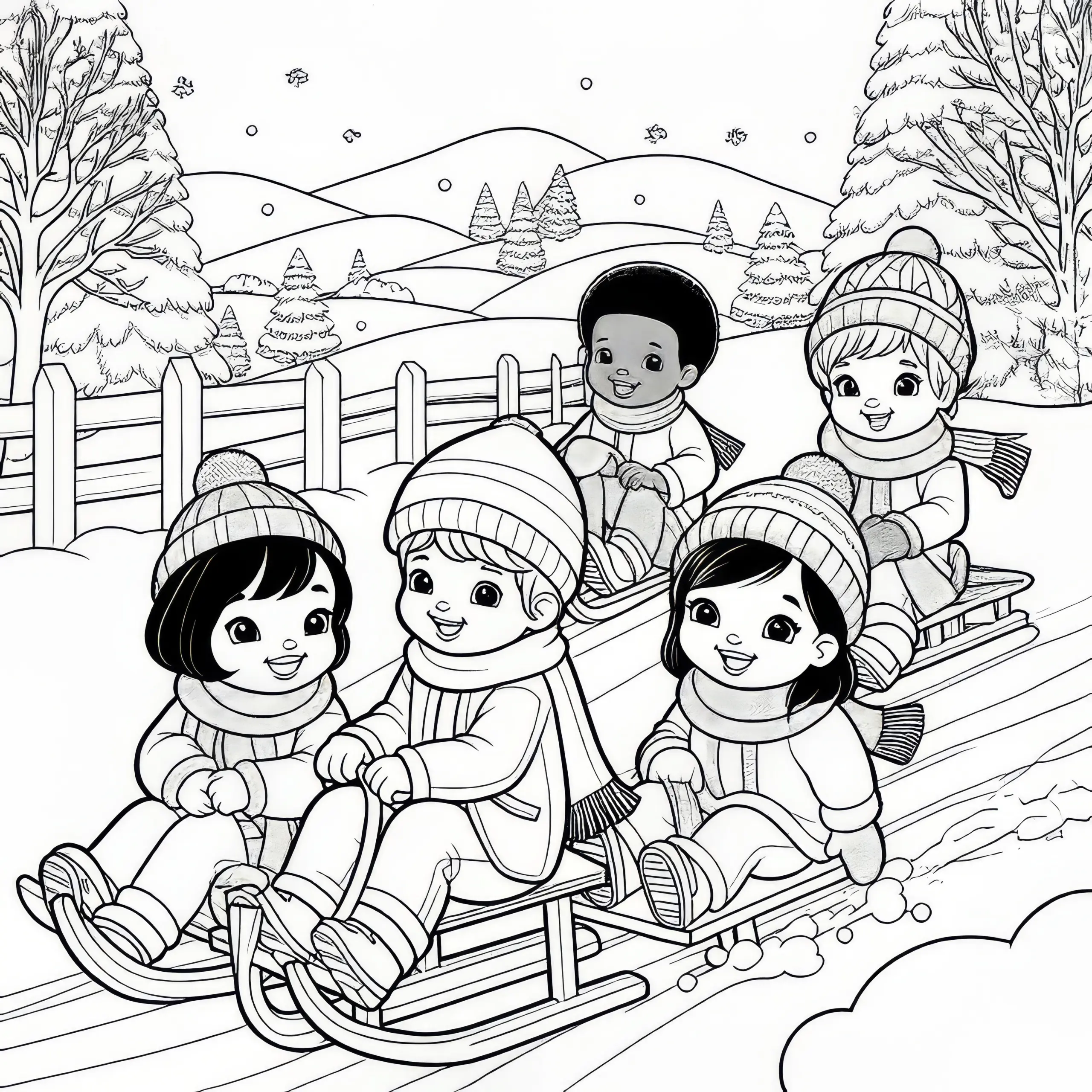 Kinder fahren Schlitten auf verschneitem Hügel im Dezember: Gratis Ausmalbild
