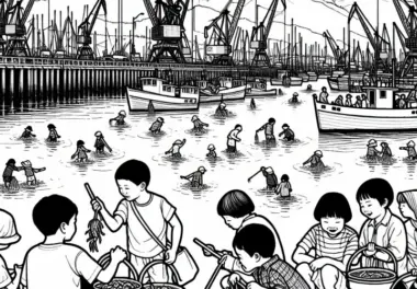 Kinder fangen Krabben mit Eimern am Hafen – Ausmalbild kostenlos