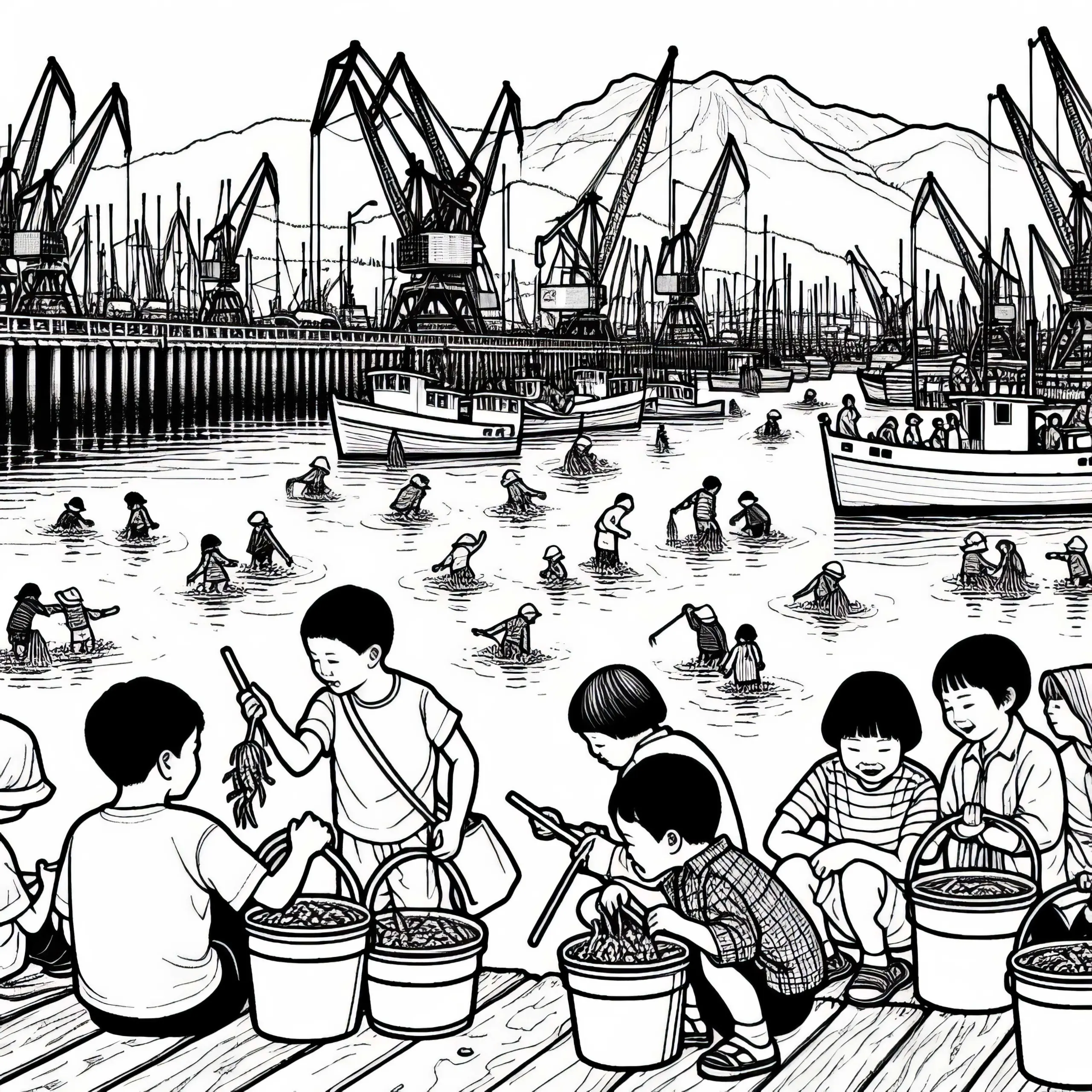 Kinder fangen Krabben mit Eimern am Hafen – Ausmalbild kostenlos