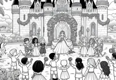 Kinder feiern ein Fest vor Märchenschloss – Malvorlage kostenlos