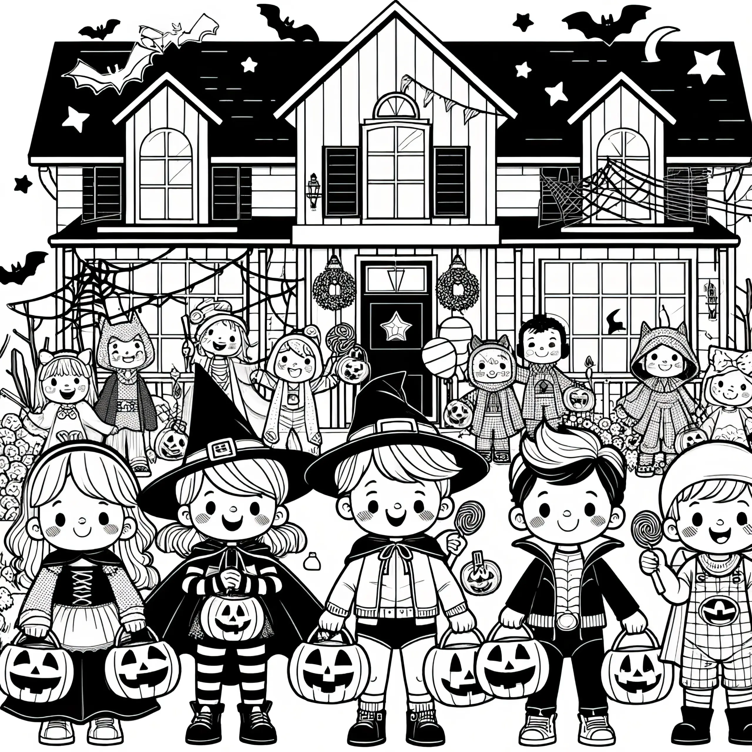 Kinder feiern Halloween vor einem Haus: Halloween-Party zum Ausmalen (Gratis) (Ausmalbild)