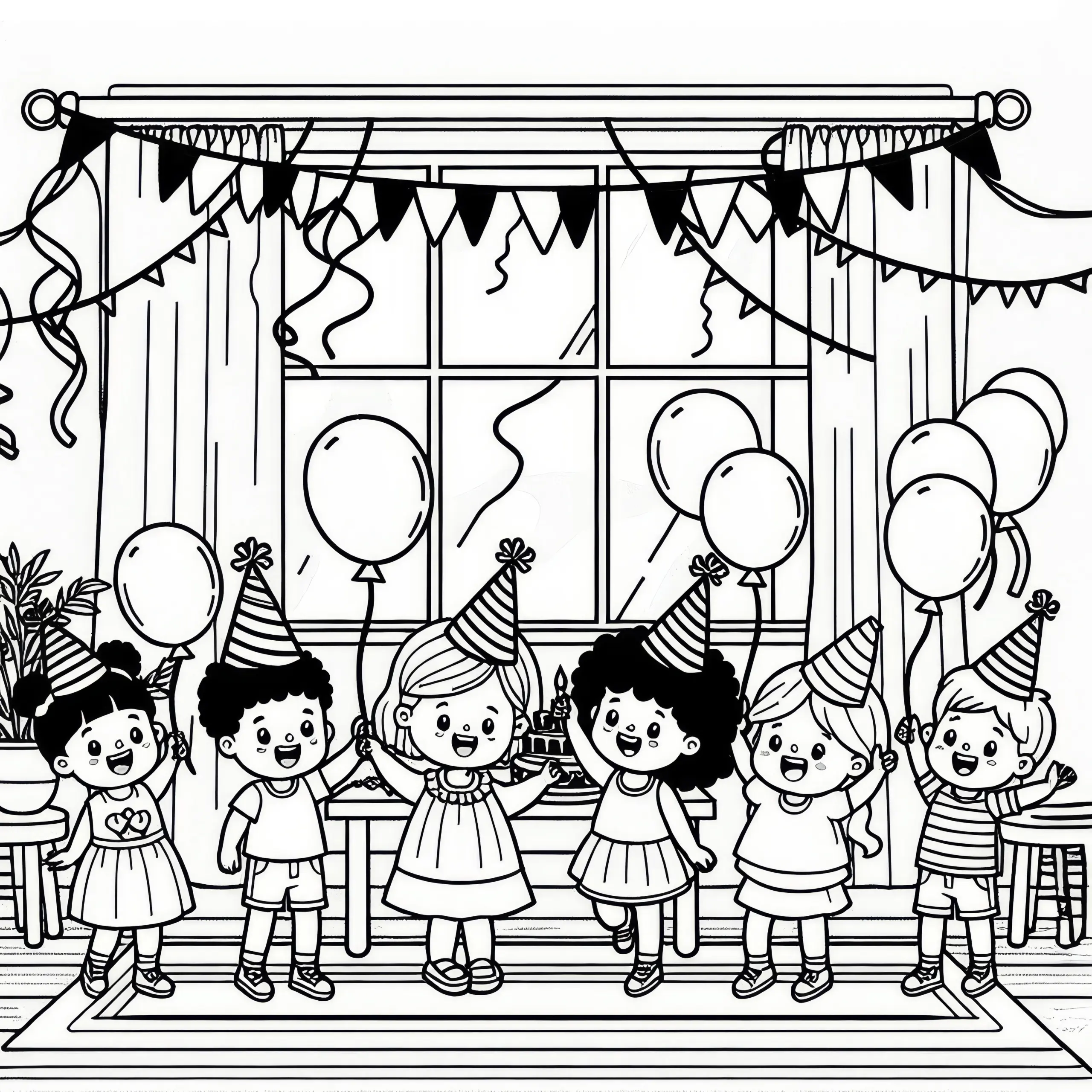 Kinder feiern mit Luftballons und Partyhüten einen Geburtstag: Kostenlose Malvorlage (Ausmalbild)