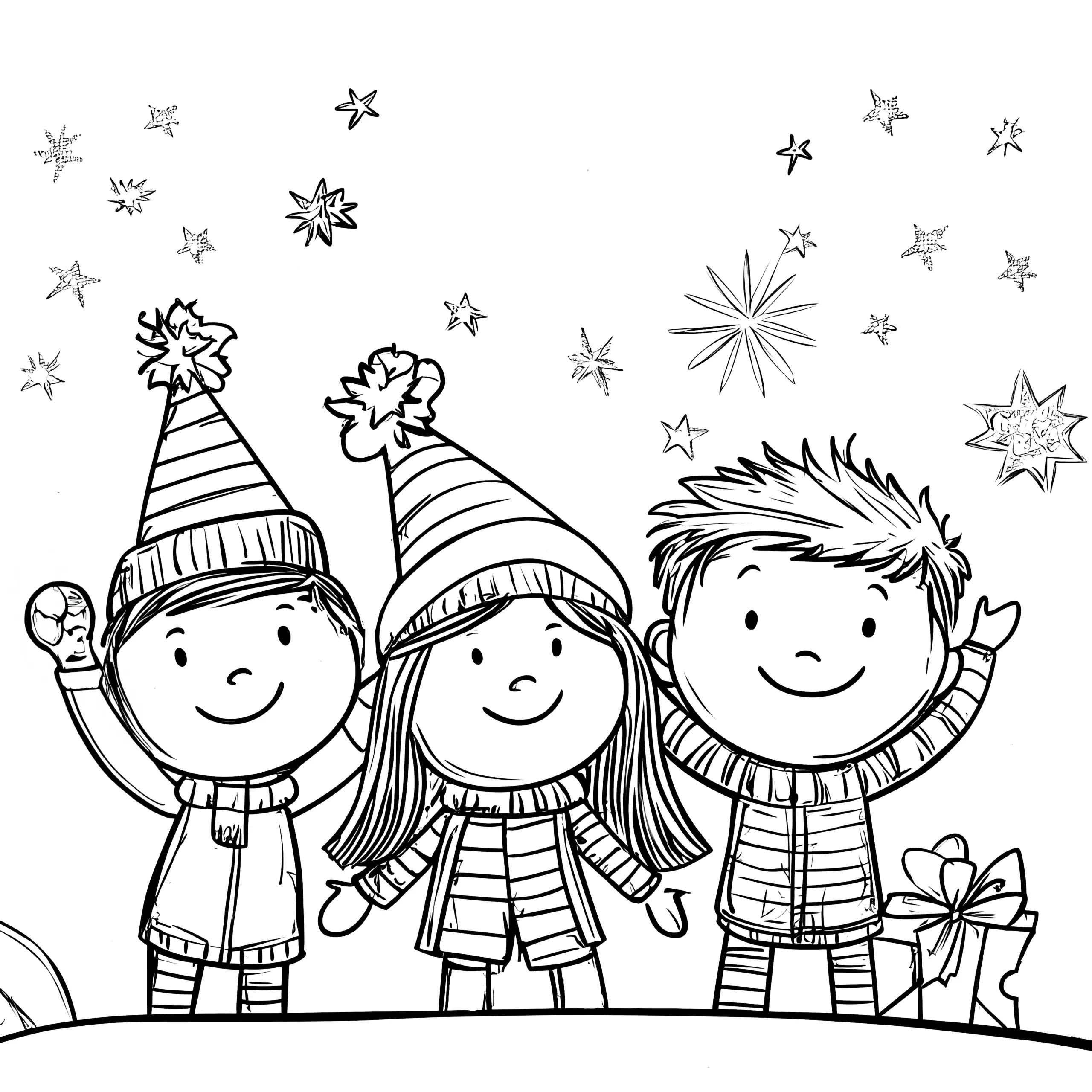 Kinder feiern Silvester: einfaches Ausmalbild