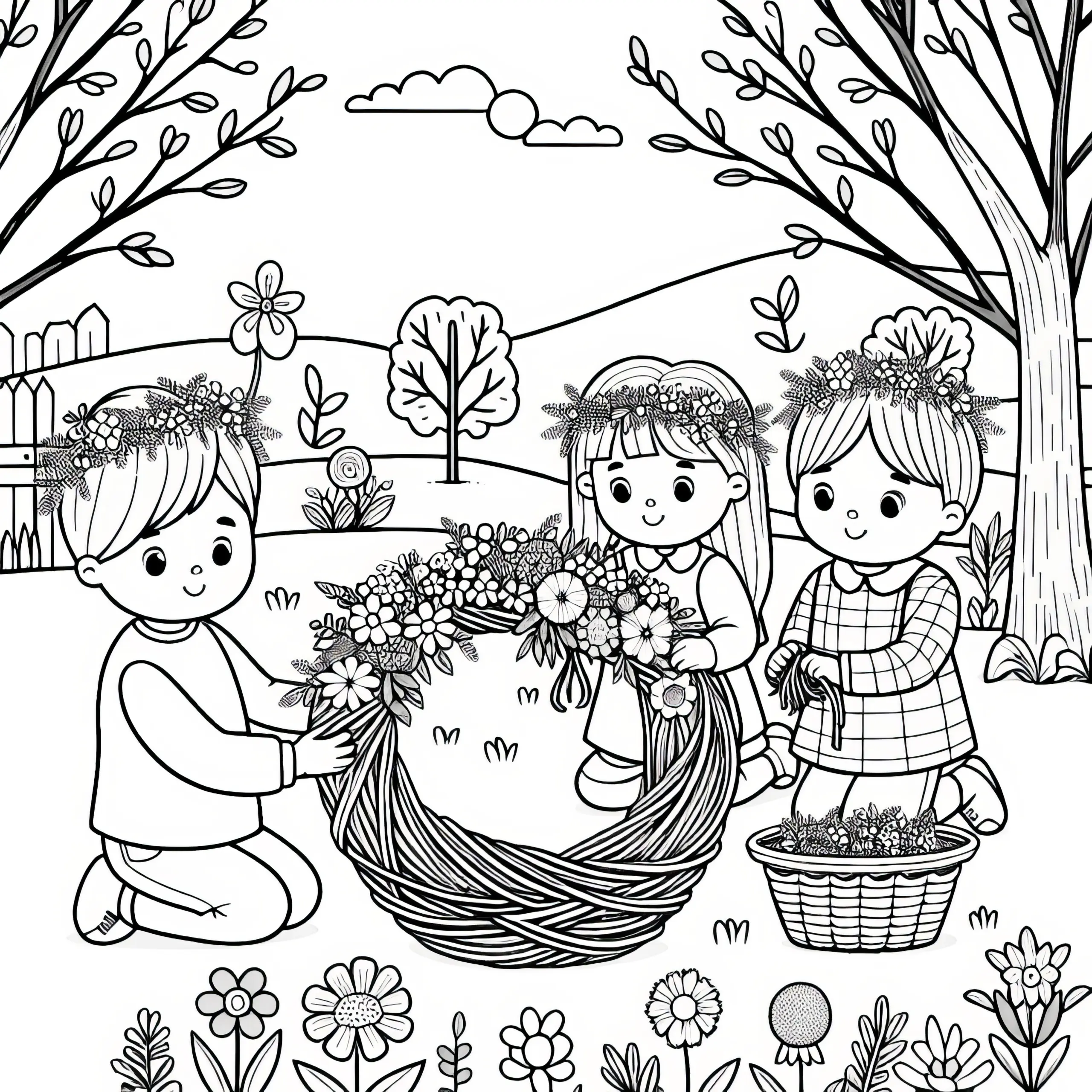 Kinder flechten Blumenkranz im Garten: Frühlings-Malvorlage (Ausmalbild)