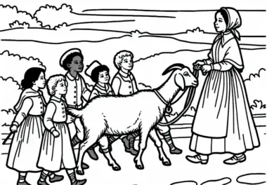 Kinder führen Ziege – Ausmalbild Kolonialzeit kostenlos