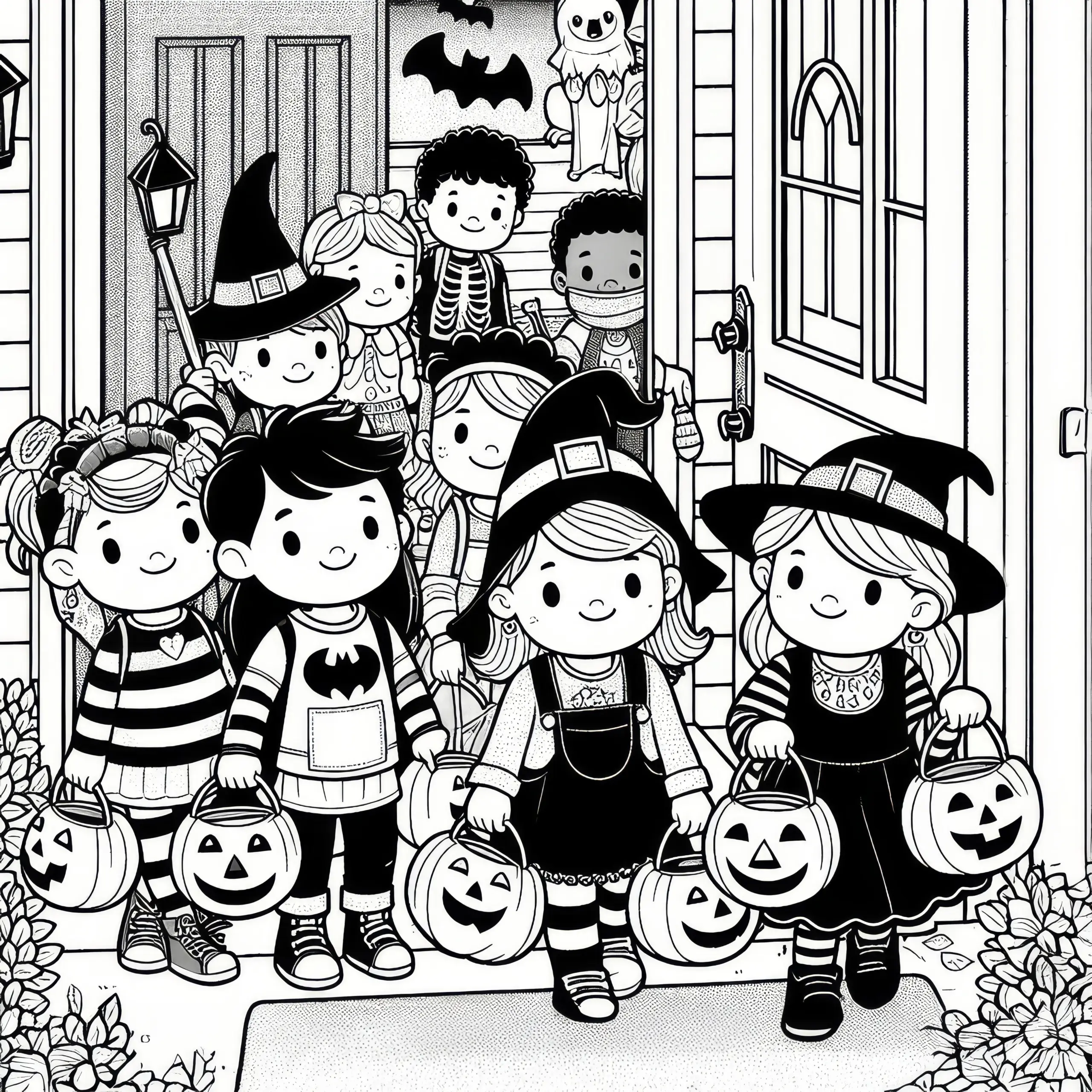 Kinder gehen an Halloween verkleidet von Tür zu Tür im Oktober: Ausmalbild zum Herunterladen (Kostenlos)