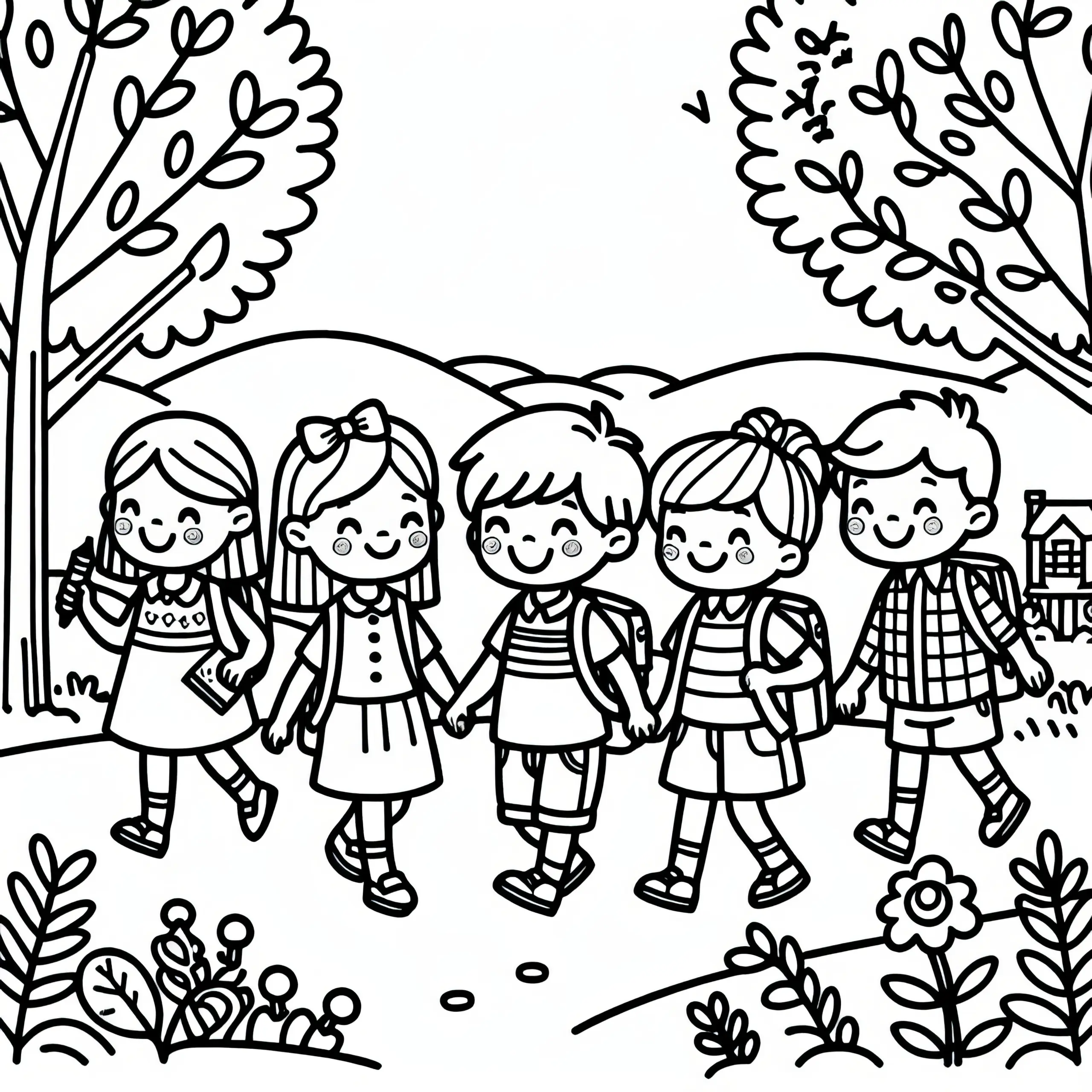 Kinder gehen mit Schulranzen zum ersten Schultag im September: Gratis Malvorlage (Ausmalbild)