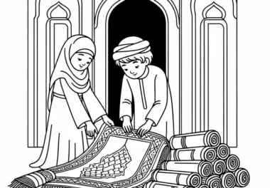 Kinder Helfen Beim Aufrollen von Gebetsteppichen – Malvorlage zur Islamischen Kultur