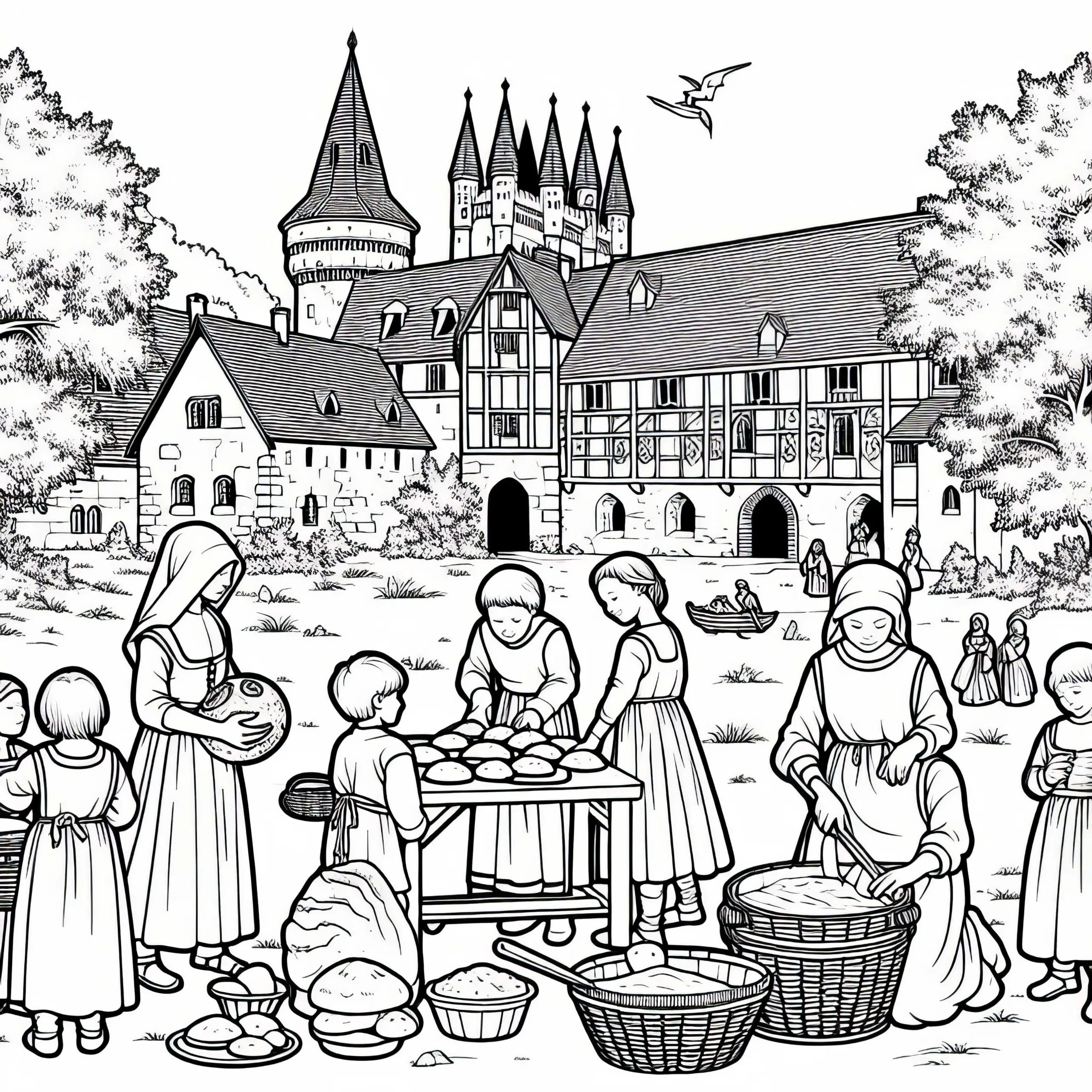 Kinder helfen beim Backen im Burghof – Ausmalbild Mittelalter gratis