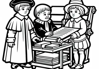 Kinder helfen beim Drucken von Seiten mit beweglichen Lettern – Ausmalbild Reformation gratis