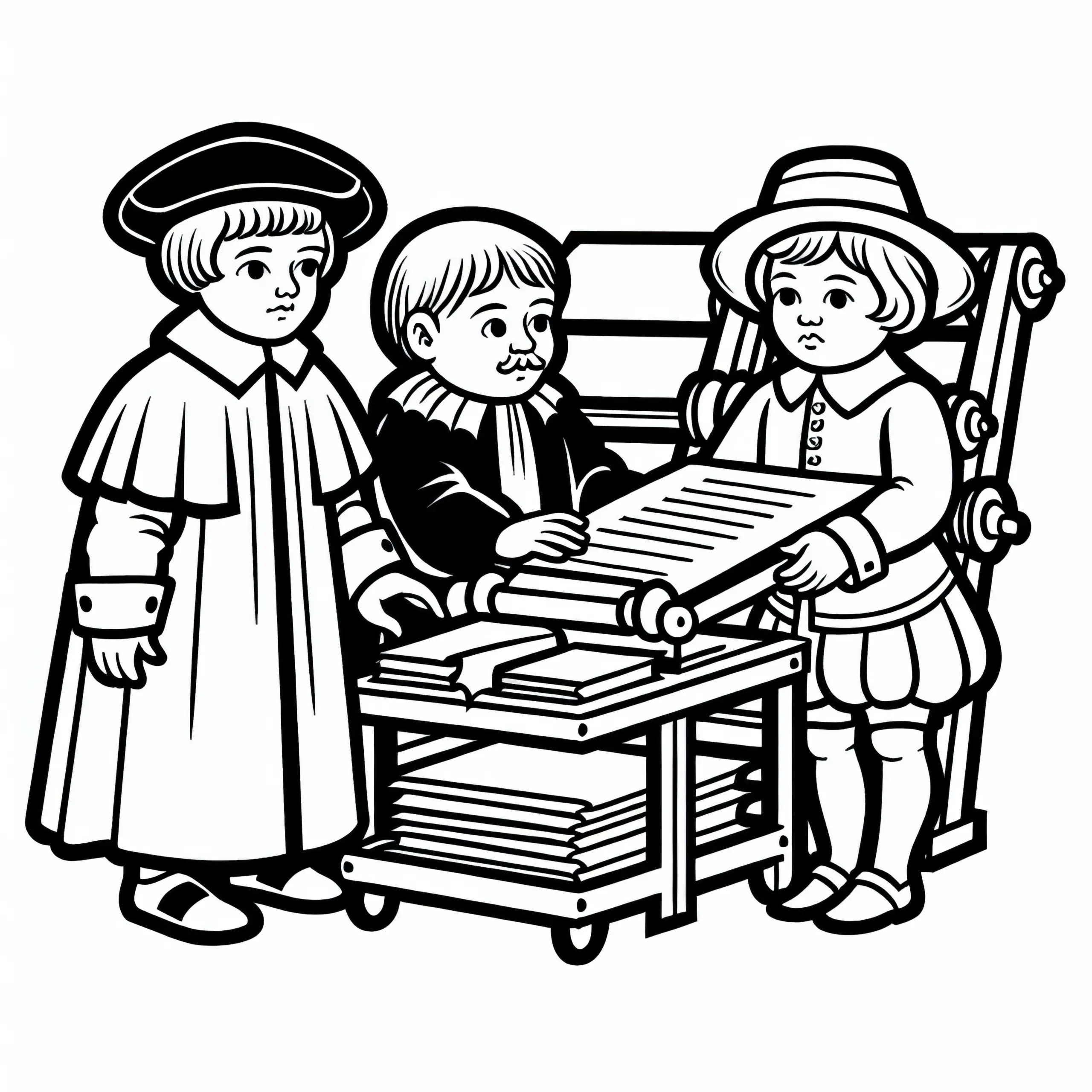 Kinder helfen beim Drucken von Seiten mit beweglichen Lettern – Ausmalbild Reformation gratis