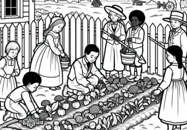 Kinder helfen beim Einpflanzen von Gemüsepflanzen im Siedlergarten – Ausmalbild Kolonialzeit kostenlos