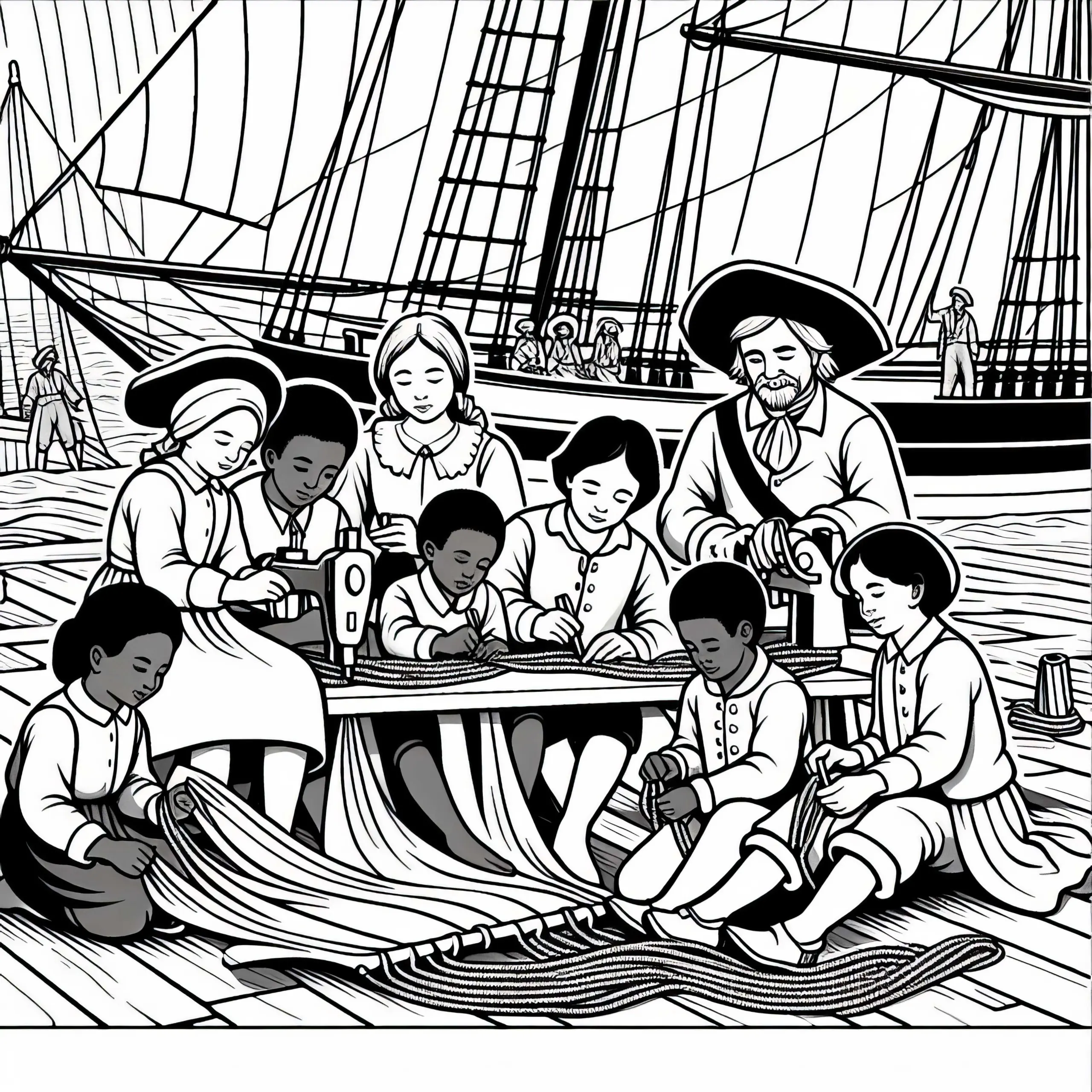 Kinder helfen beim Nähen von Segeln: Ausmalbild Entdeckung Amerikas gratis