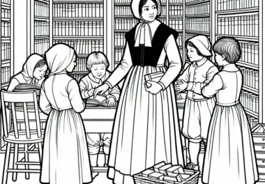 Kinder helfen beim Sortieren von Büchern in der Hausbibliothek – Ausmalbild Reformation gratis