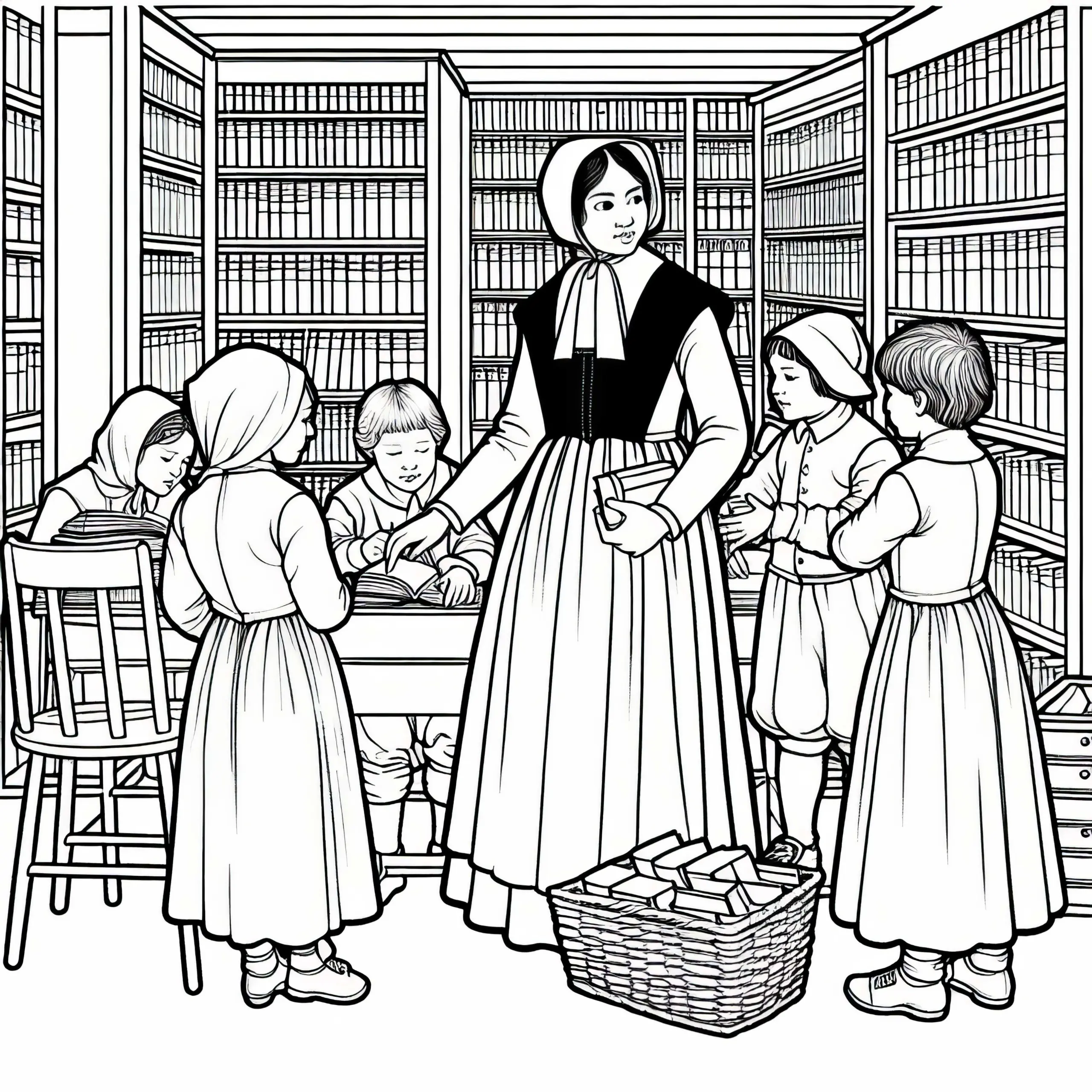 Kinder helfen beim Sortieren von Büchern in der Hausbibliothek – Ausmalbild Reformation gratis