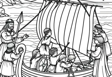Kinder helfen beim Spannen eines Segels auf einem Boot – Ausmalbild Wikingerentdeckungen kostenlos