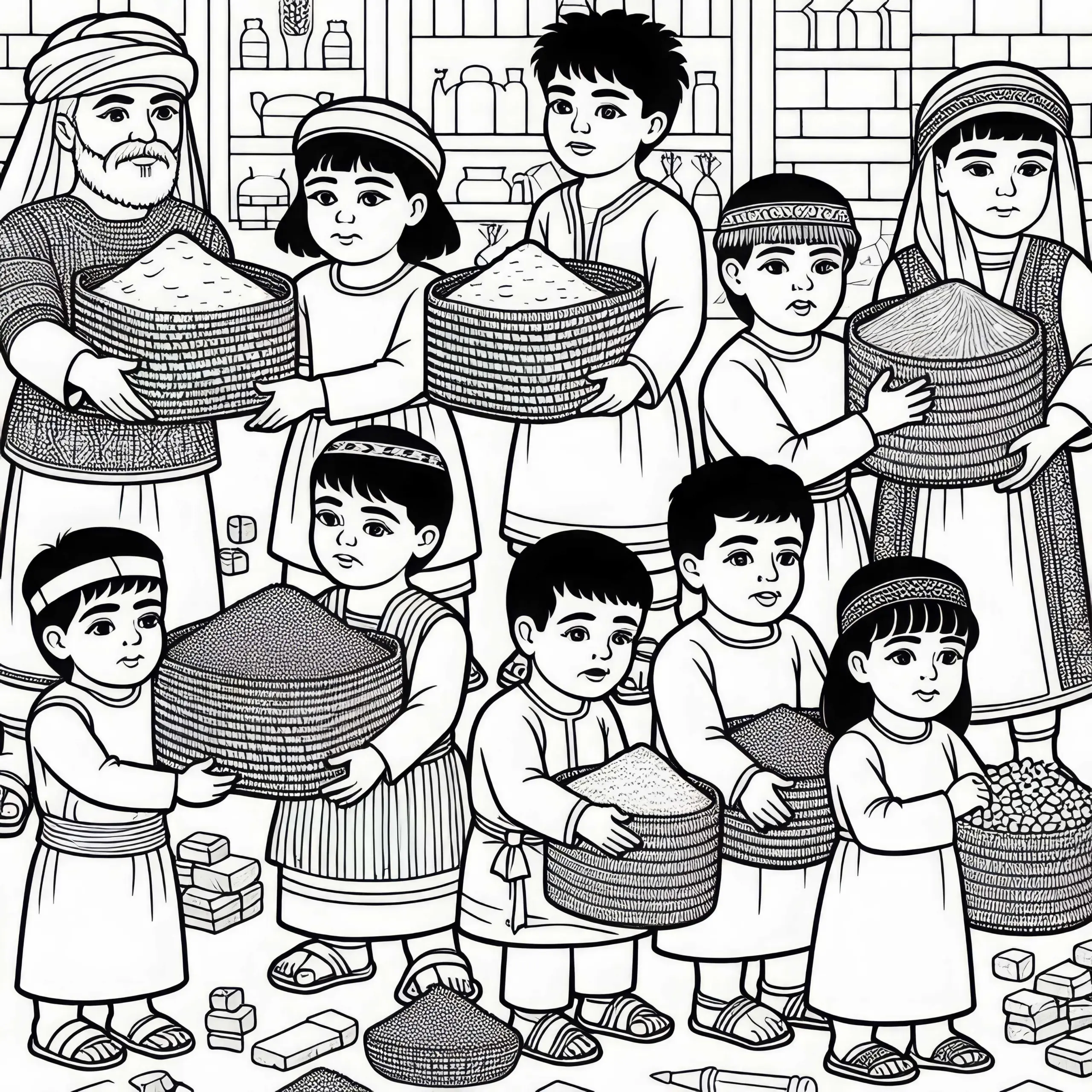 Kinder helfen beim Tragen kleiner Körbe – Malvorlage Mesopotamien kostenlos (Ausmalbild)