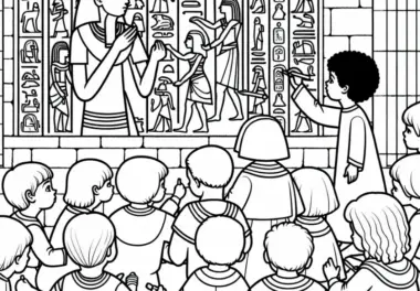 Kinder helfen beim Zeichnen von Hieroglyphen an einer Mauer – Malvorlage Ägyptisches Reich gratis