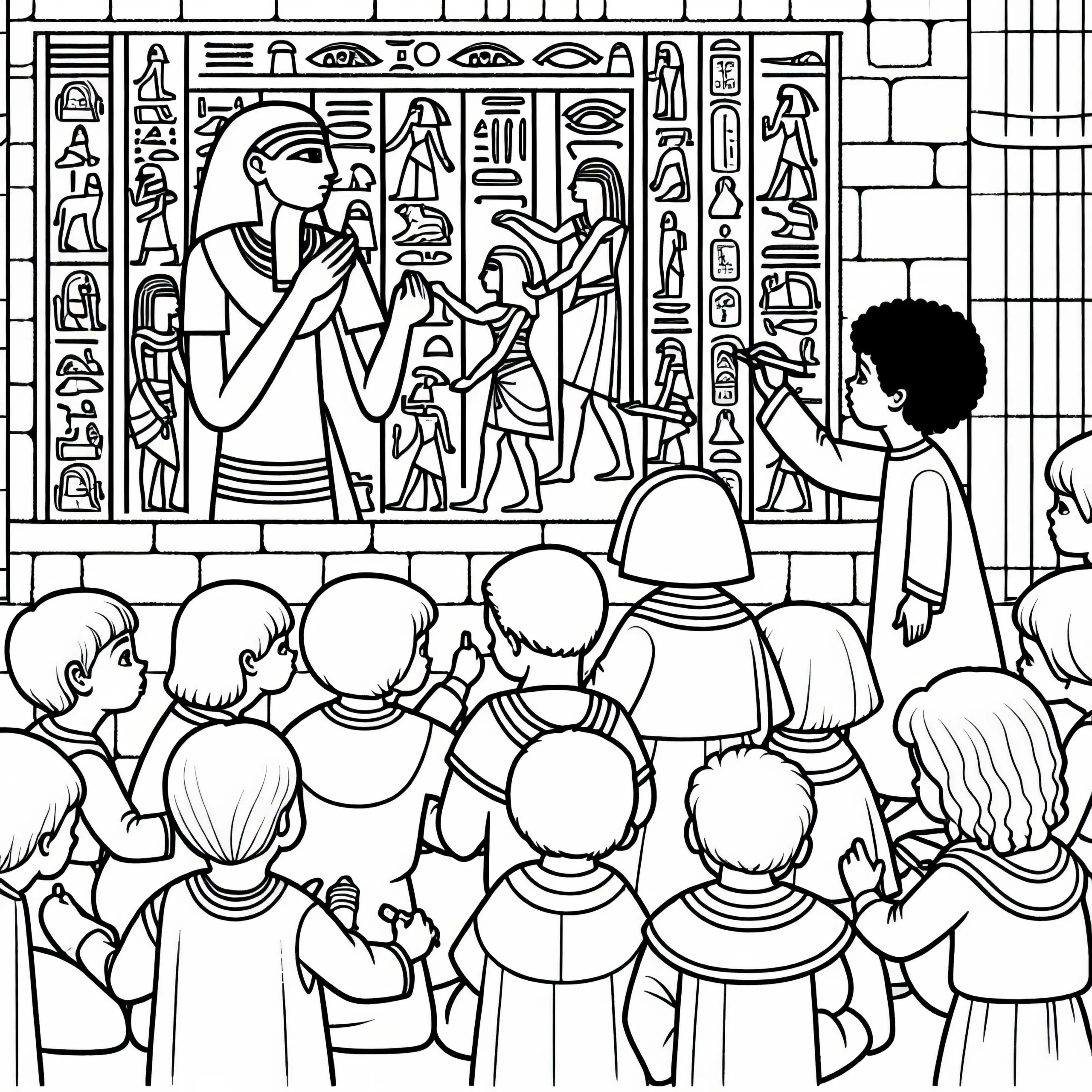 Kinder helfen beim Zeichnen von Hieroglyphen an einer Mauer – Malvorlage Ägyptisches Reich gratis (Ausmalbild)