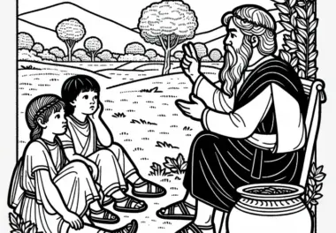 Kinder hören einem Erwachsenen zu, der die Geschichte von Troja erzählt – Ausmalbild historischer Schlachten gratis