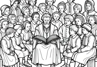 Kinder hören Erwachsenen zu, die aus der Bibel vorlesen – Malvorlage zur Reformation kostenlos