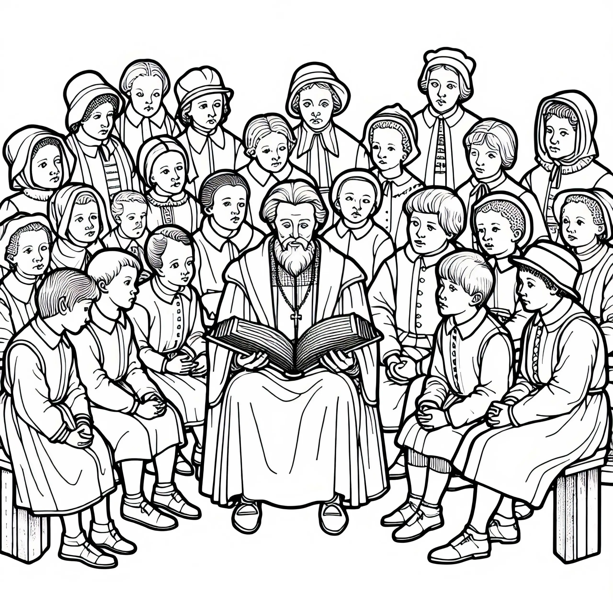 Kinder hören Erwachsenen zu, die aus der Bibel vorlesen – Malvorlage zur Reformation kostenlos (Ausmalbild)