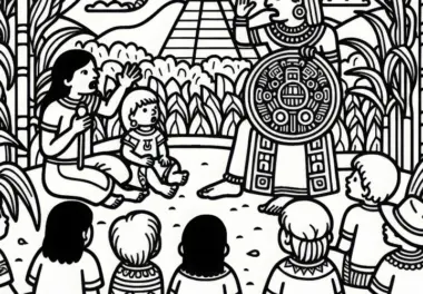 Kinder hören Geschichte über den Maisgott – Malvorlage Maya gratis
