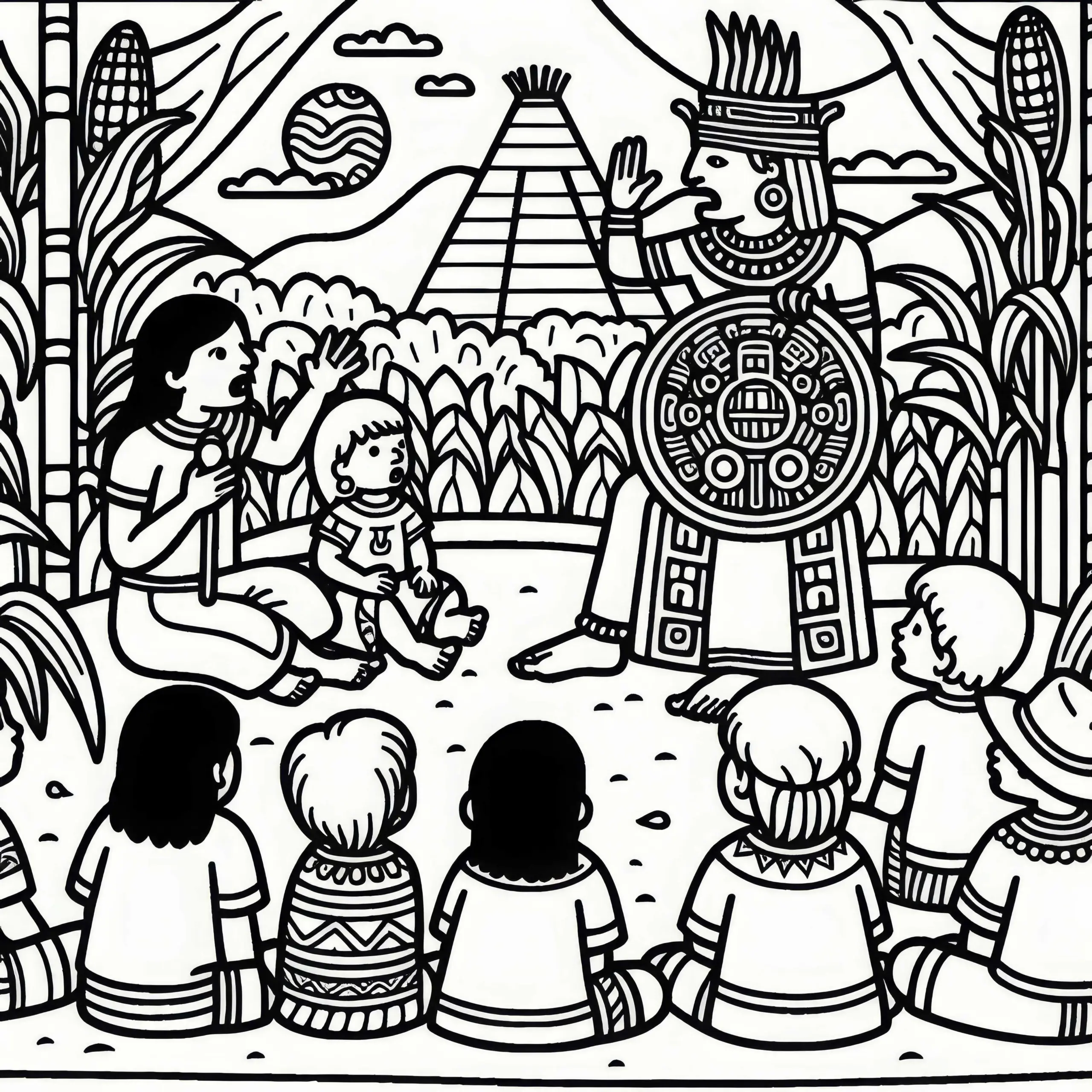 Kinder hören Geschichte über den Maisgott – Malvorlage Maya gratis (Ausmalbild)