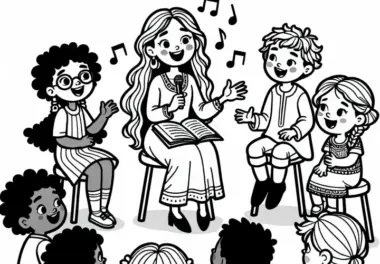Kinder hören Märchenerzählerin als Ausmalbild kostenlos