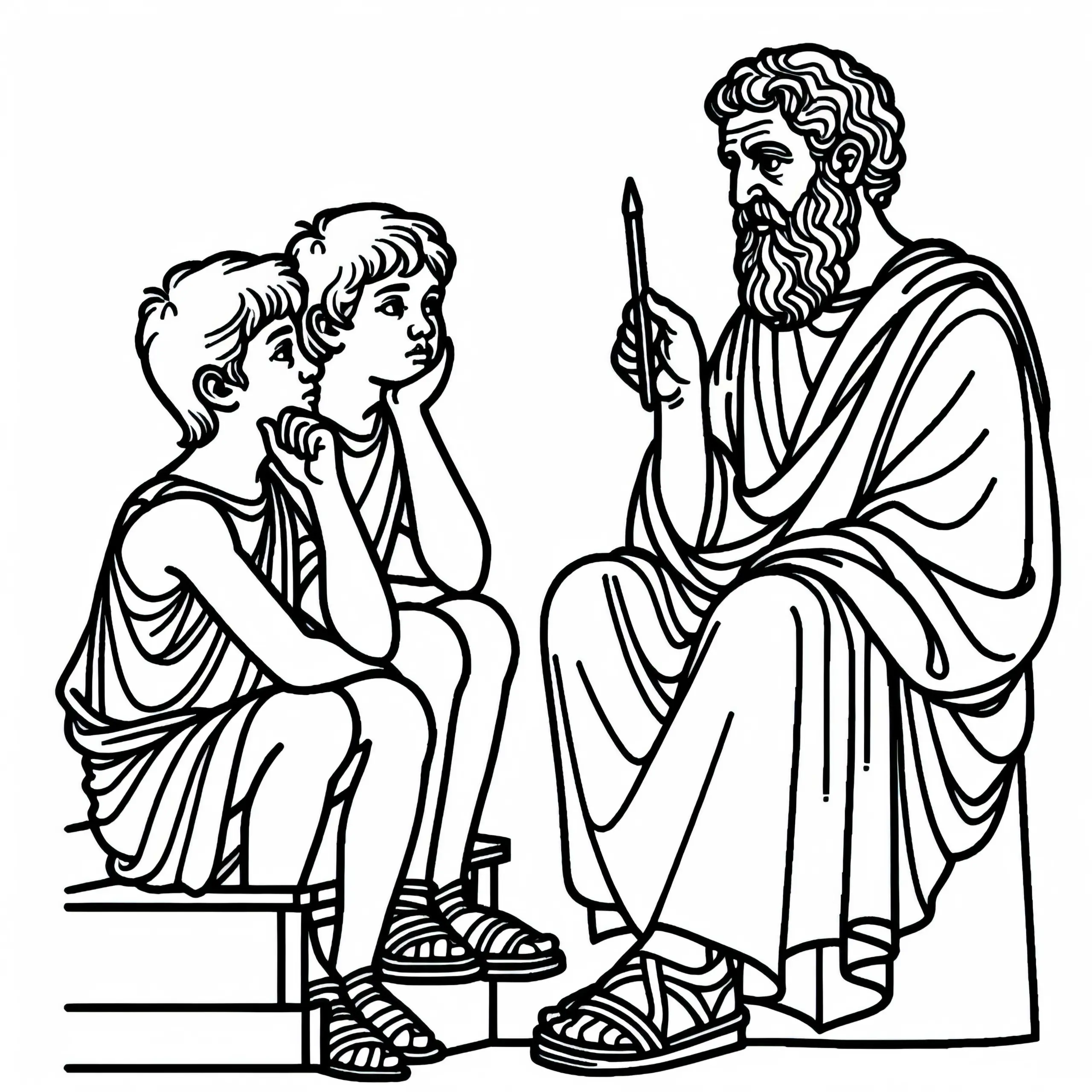 Kinder hören Philosophen zu – Ausmalbild Sparta Athen kostenlos