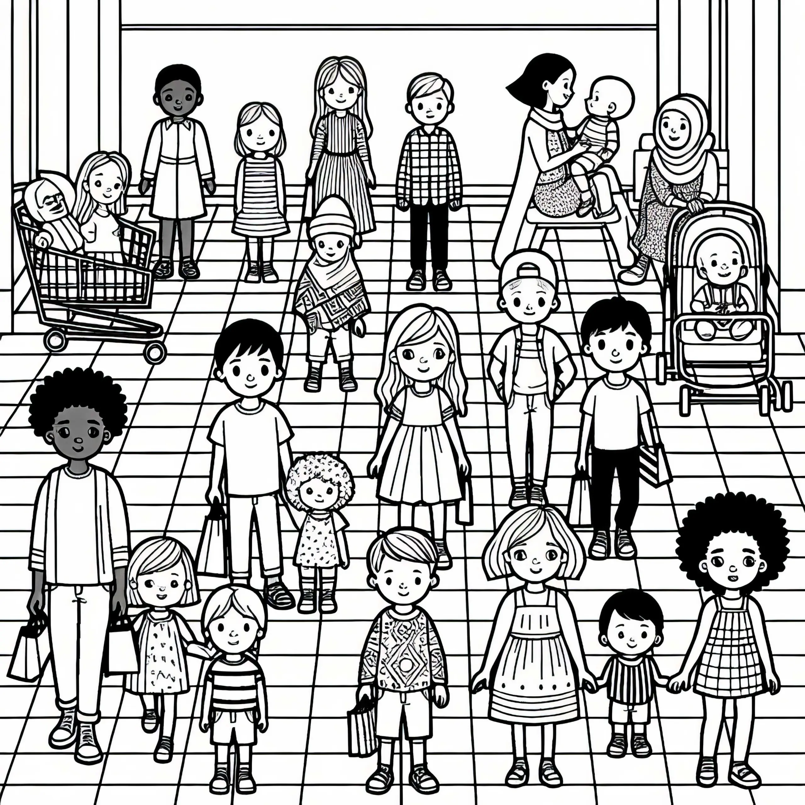 Ausmalbild für Kinder im Einkaufszentrum – Kostenloser Download