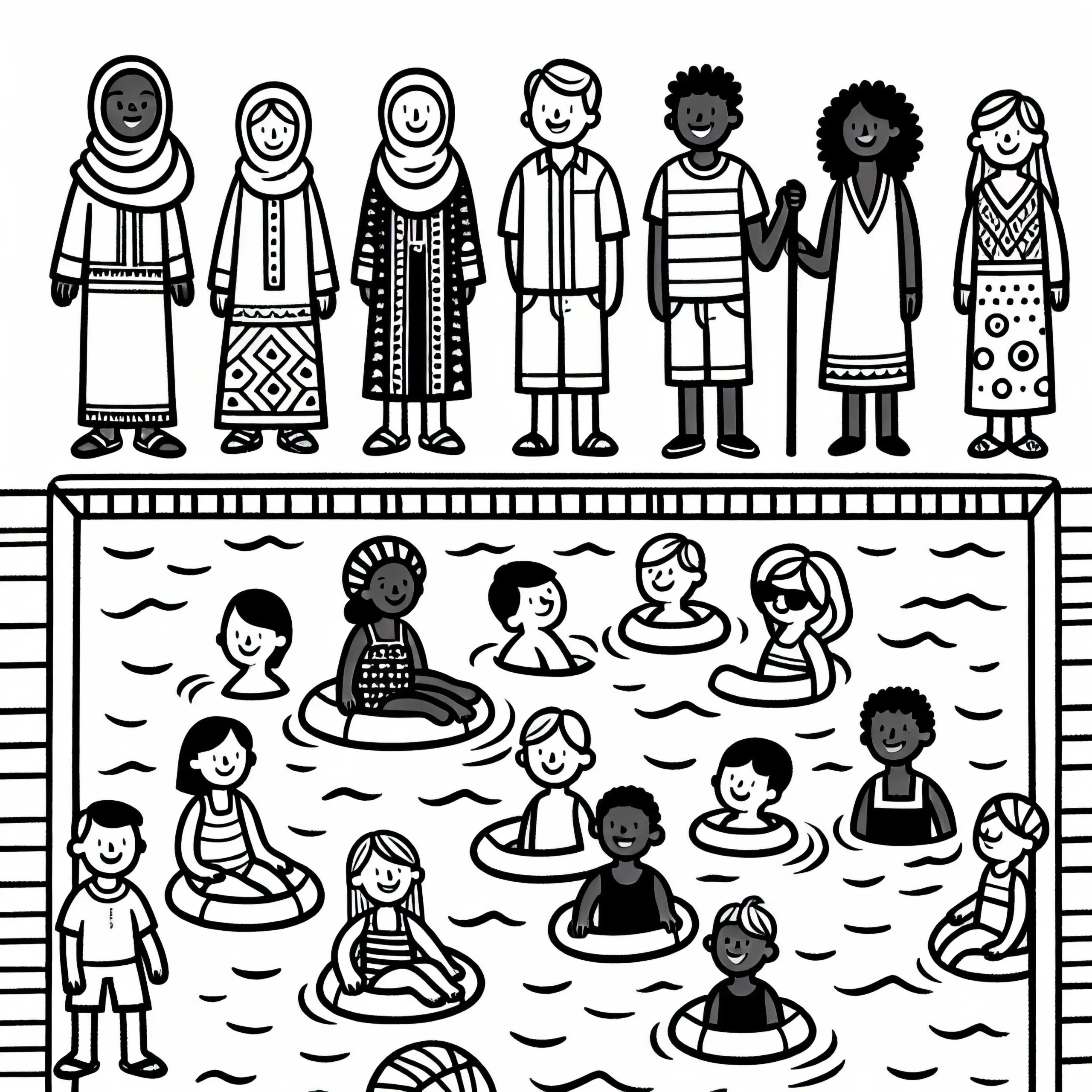 Kinder im Pool – Malvorlage Kostenlos (Ausmalbild)