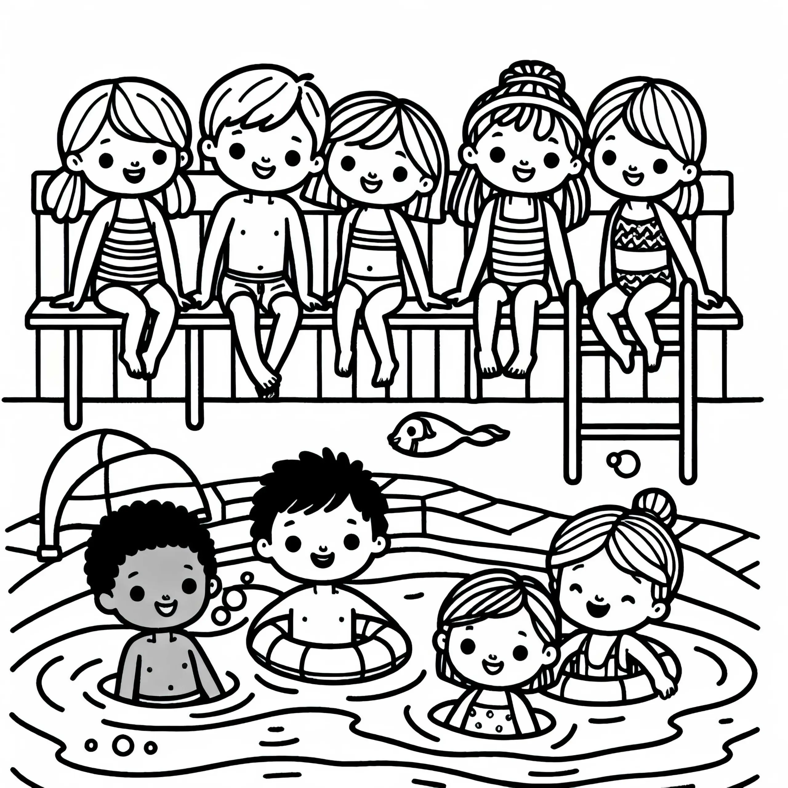 Kinder im Schwimmbad – Malvorlage kostenlos (Ausmalbild)